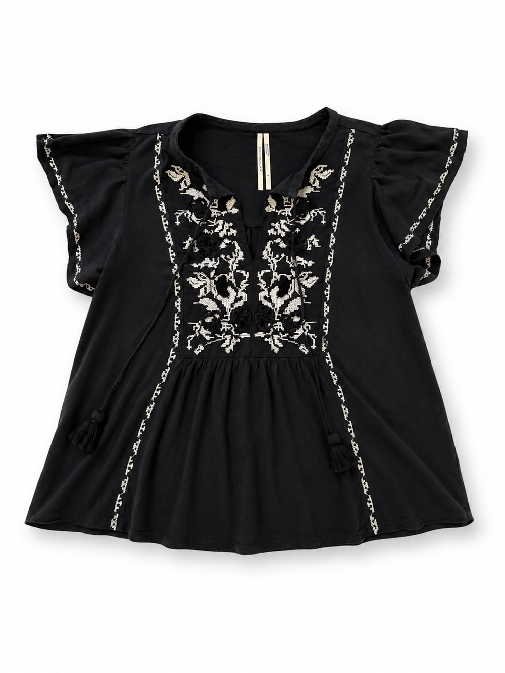 Anthropologie Black Embroidered Flutter Sleeve Boho Top Size Small